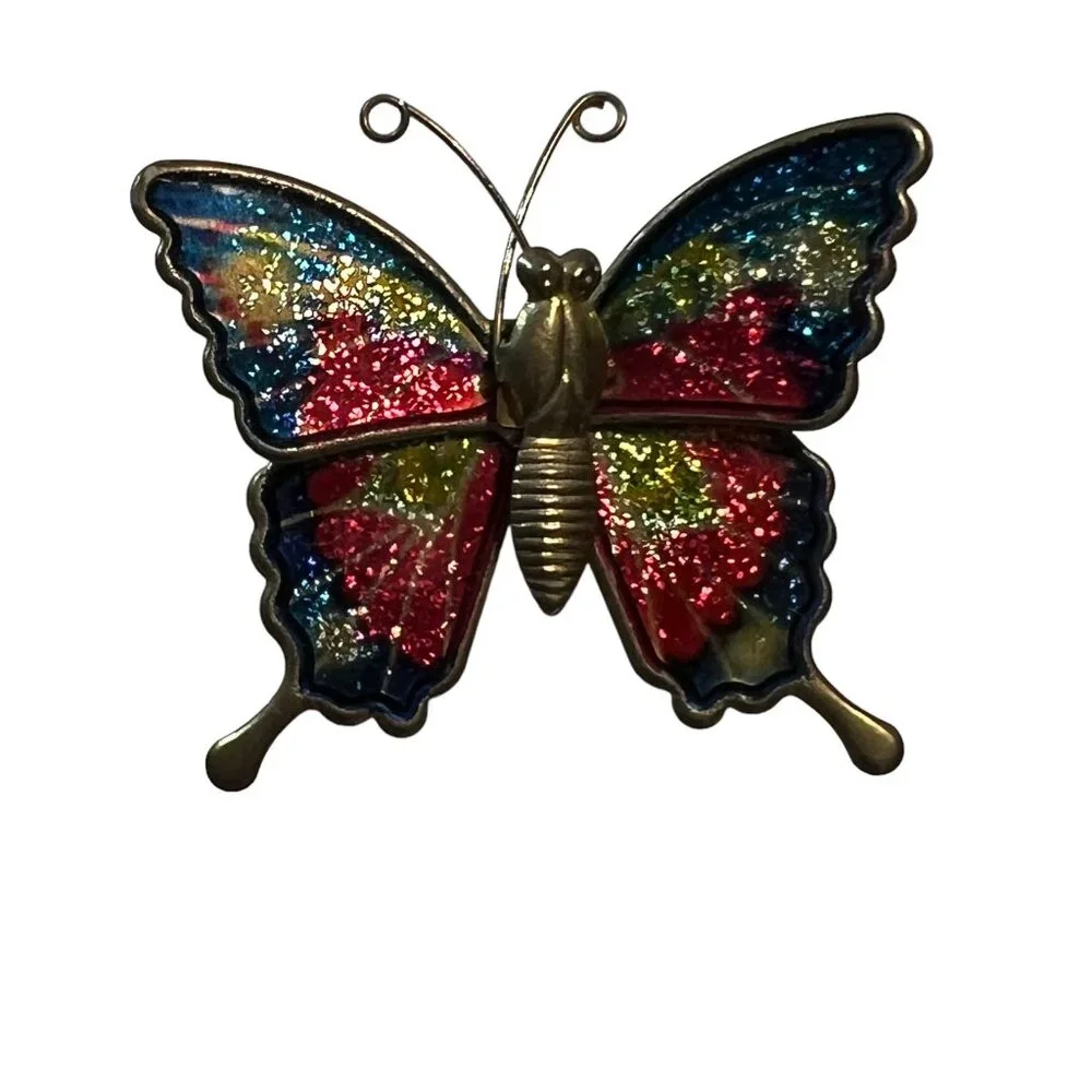 Vintage Butterfly Brooch Blue Pink Enamel and Glitter‎ Pin